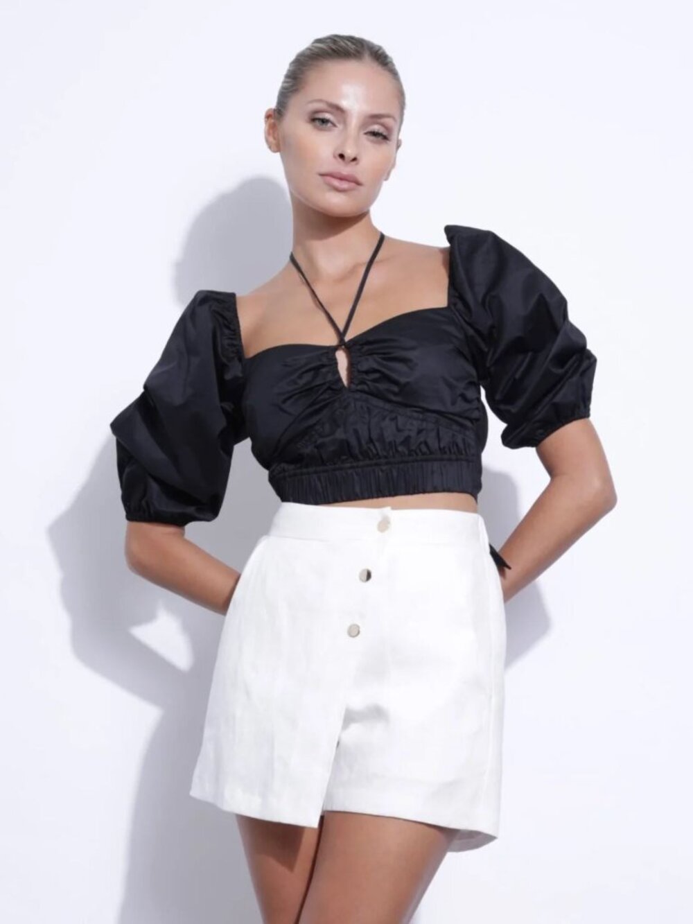 Karina Grimaldi Rosalie Puff Sleeve Crop Top XS NWT